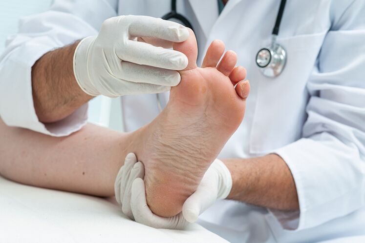 dermatologista examina as pernas do paciente